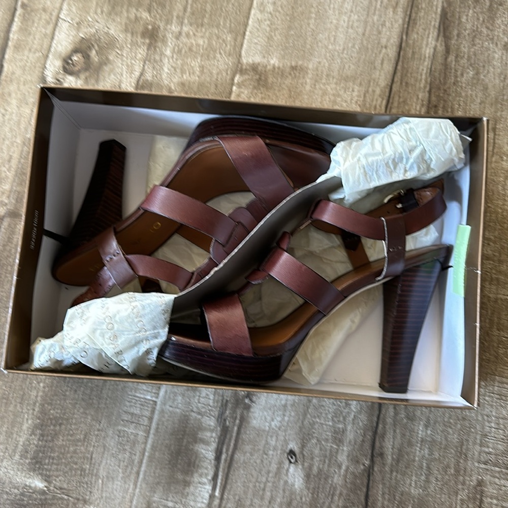 4.5” Stacked Wood Platform Leather Franco Sarto Betsy Chestnut Strappy Heels 9 - Picture 3 of 16